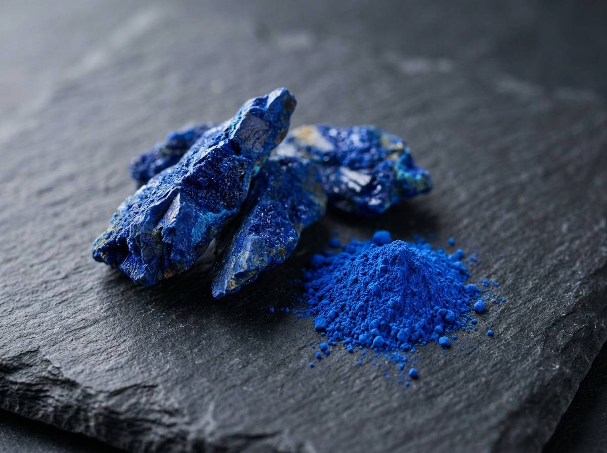 Okruchy niebieskiego minerału i sproszkowany pigment odnoszące się do kosztownej ultramaryny i symboliki koloru niebieskiego.