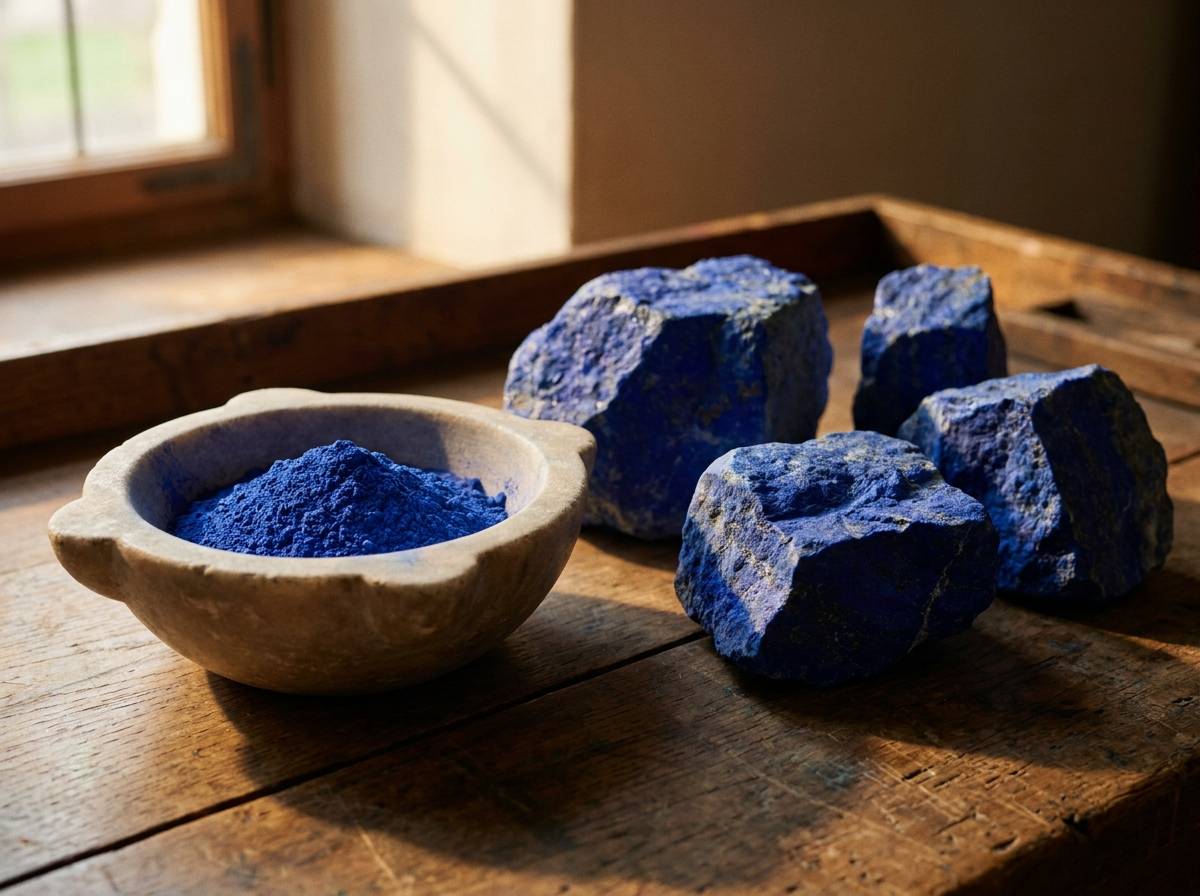 Niebieski pigment mineralny w proszku i surowe bryły kamienia na drewnianym blacie pracowni malarskiej