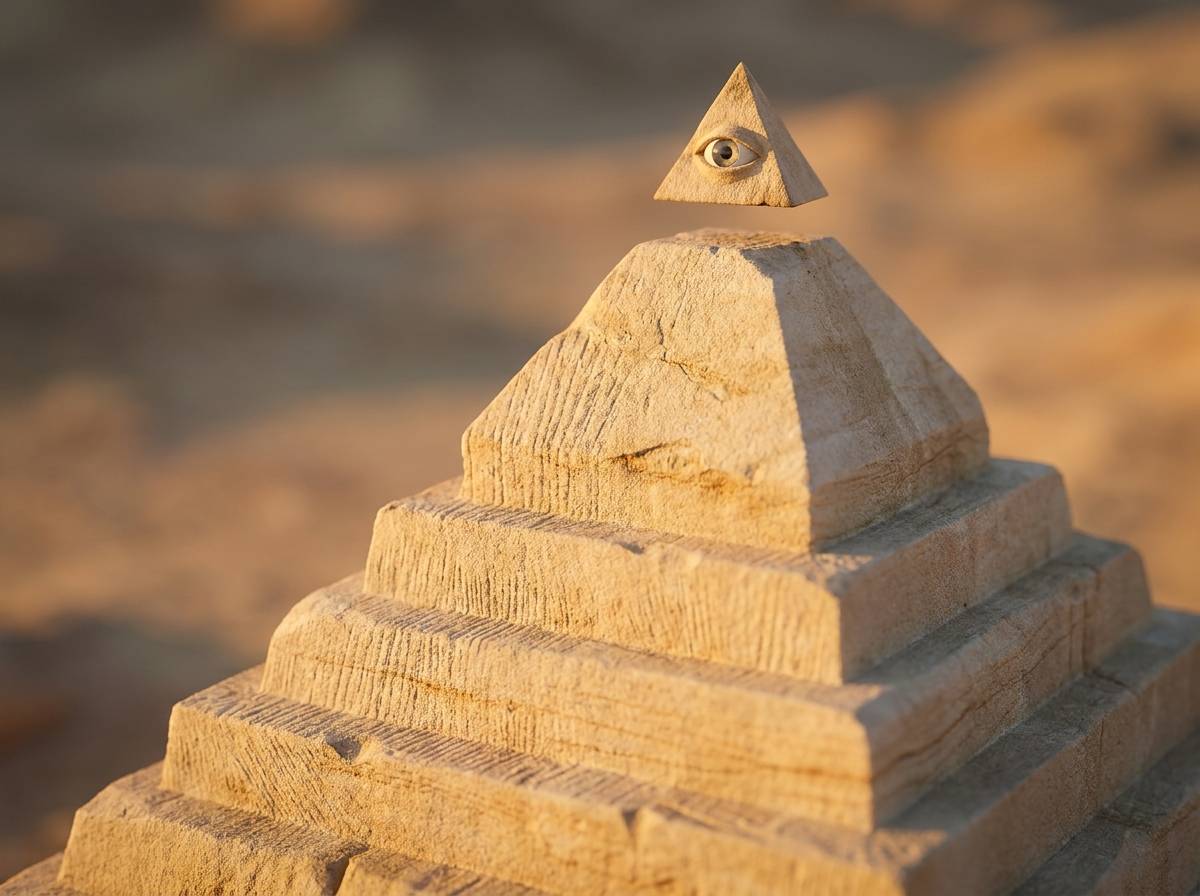 Niedokończona kamienna piramida z okiem w trójkącie nad szczytem, motyw łączony z symbolem illuminati