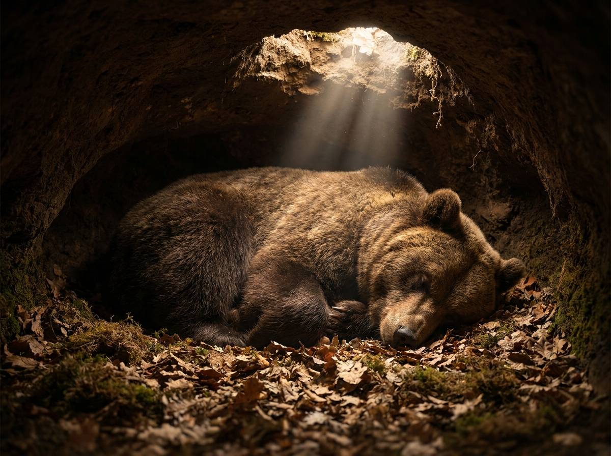 Niedźwiedź brunatny śpiący zwinięty w kłębek we wnętrzu zimowej gawry.