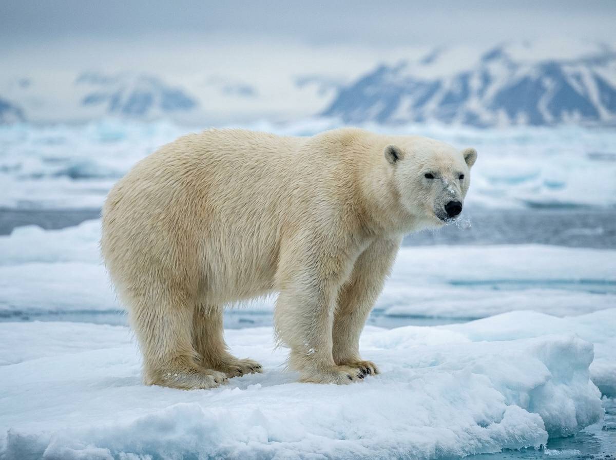 Niedźwiedź polarny stojący na krze lodowej, symbol siły i przetrwania w arktycznym klimacie