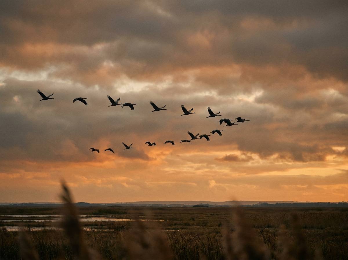 Klucz ptaków lecących w formacji klina na tle jesiennego nieba o zachodzie słońca.