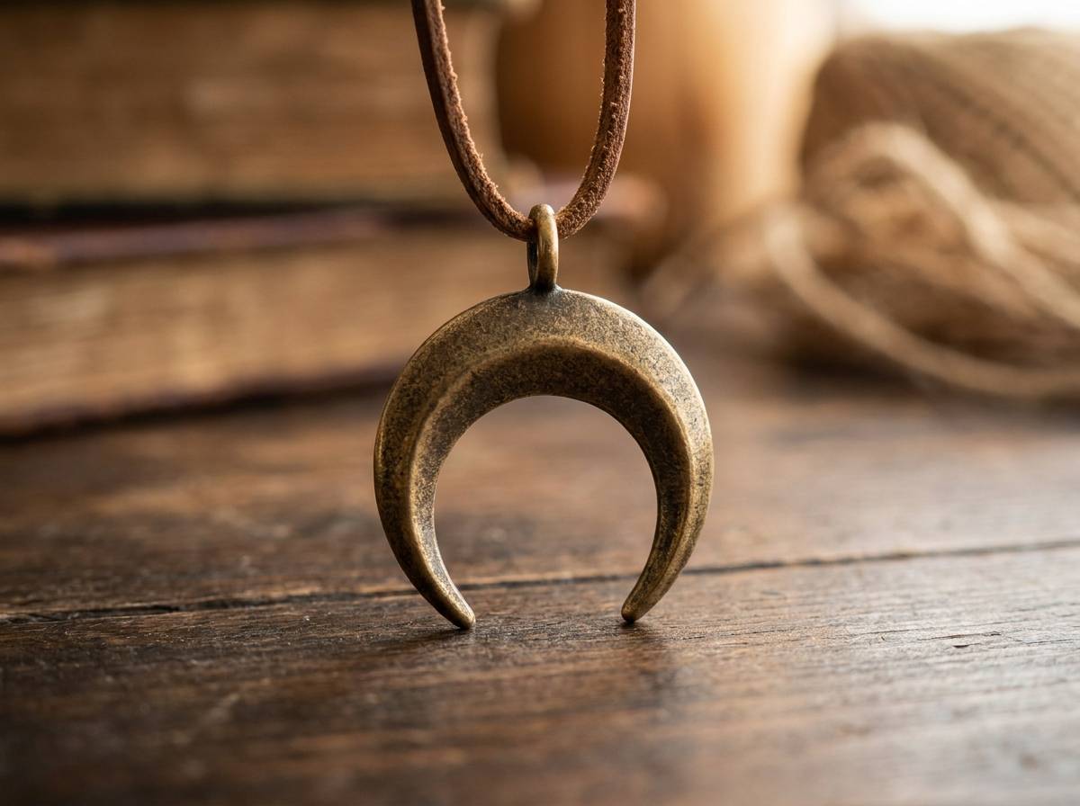Metalowy wisiorek w kształcie odwróconego księżyca z rogami w dół, słowiański symbol ochrony przed nocnymi mocami.