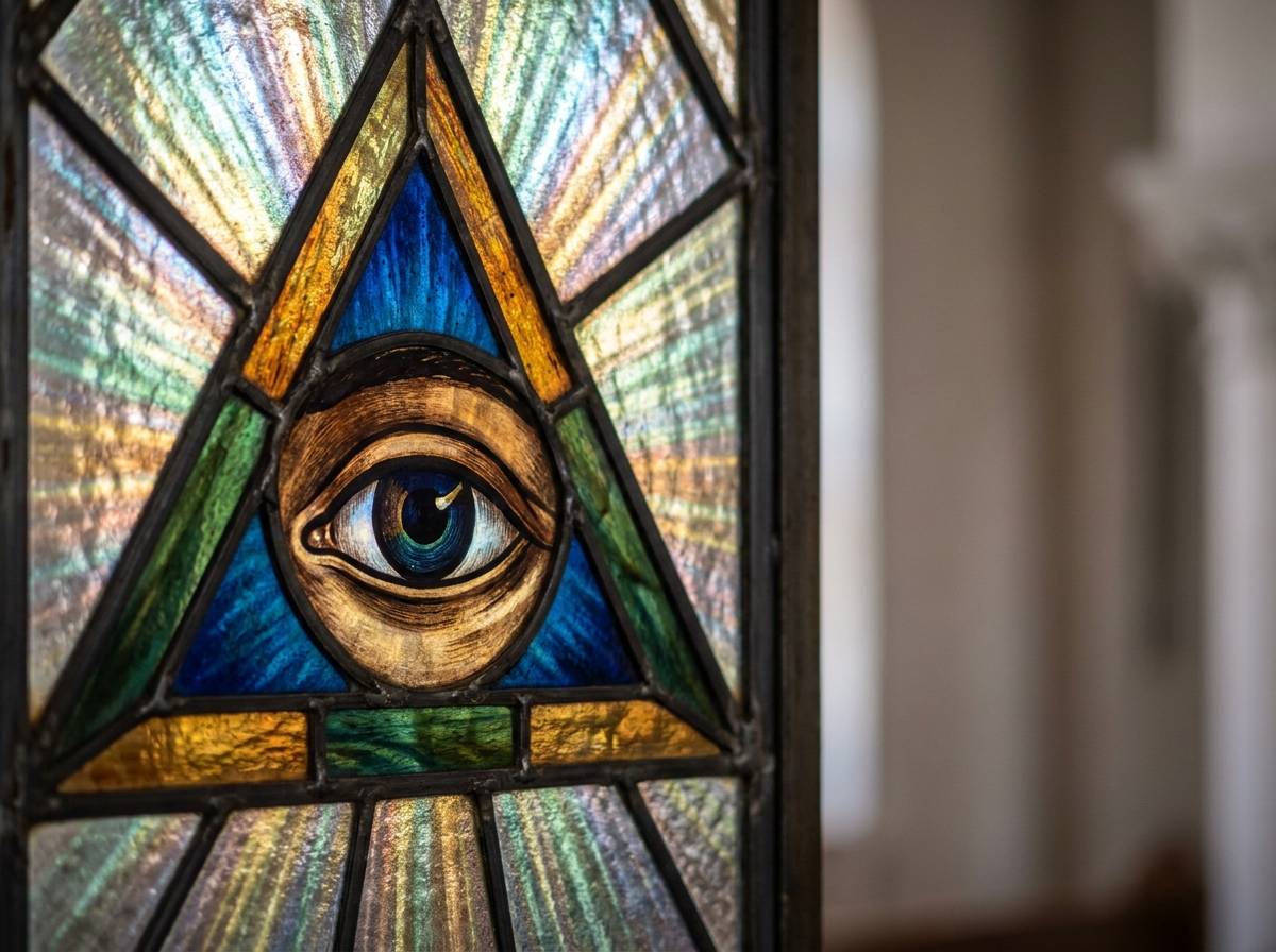Oko wpisane w trójkąt jako motyw witrażowy, dawny symbol religijny opatrzności bożej