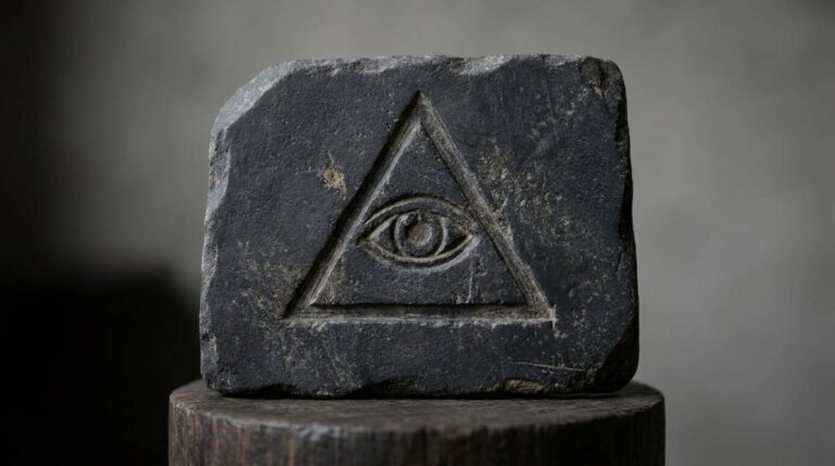 Oko wpisane w trójkąt wyryte w kamiennej powierzchni, symbol kojarzony z illuminati
