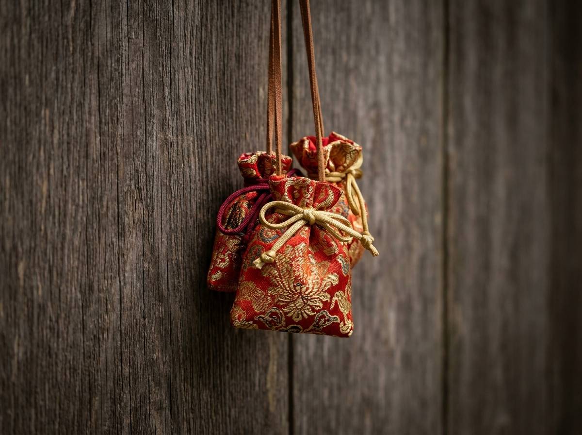 Trzy brokatowe woreczki omamori zawieszone na sznurku na tle drewna