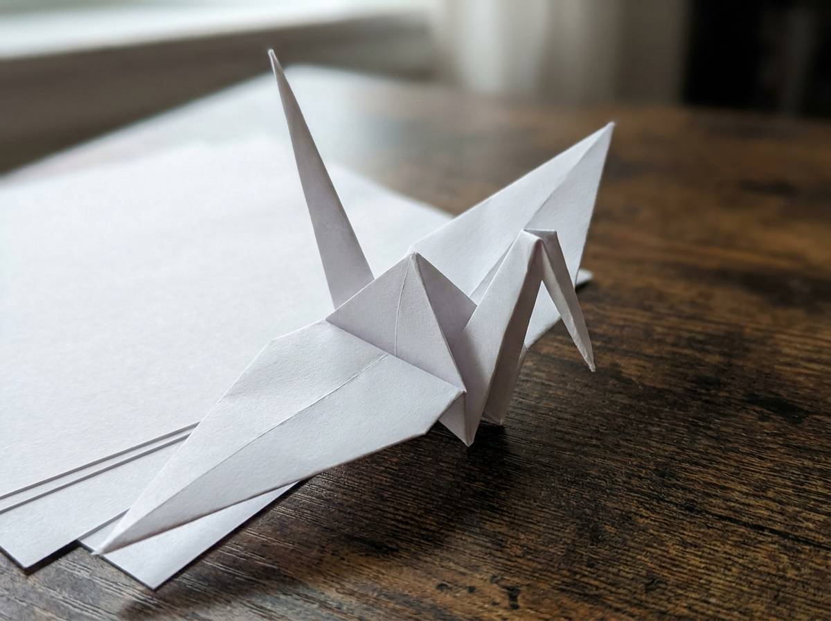 Biały papierowy żuraw origami orizuru złożony z jednego arkusza papieru