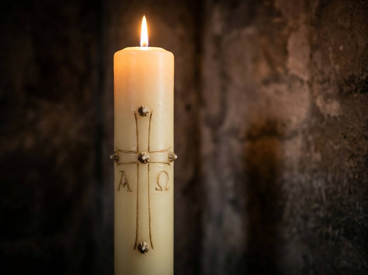 Paschalna świeca z krzyżem, literami alfa i omega oraz pięcioma gwoździami w wosku