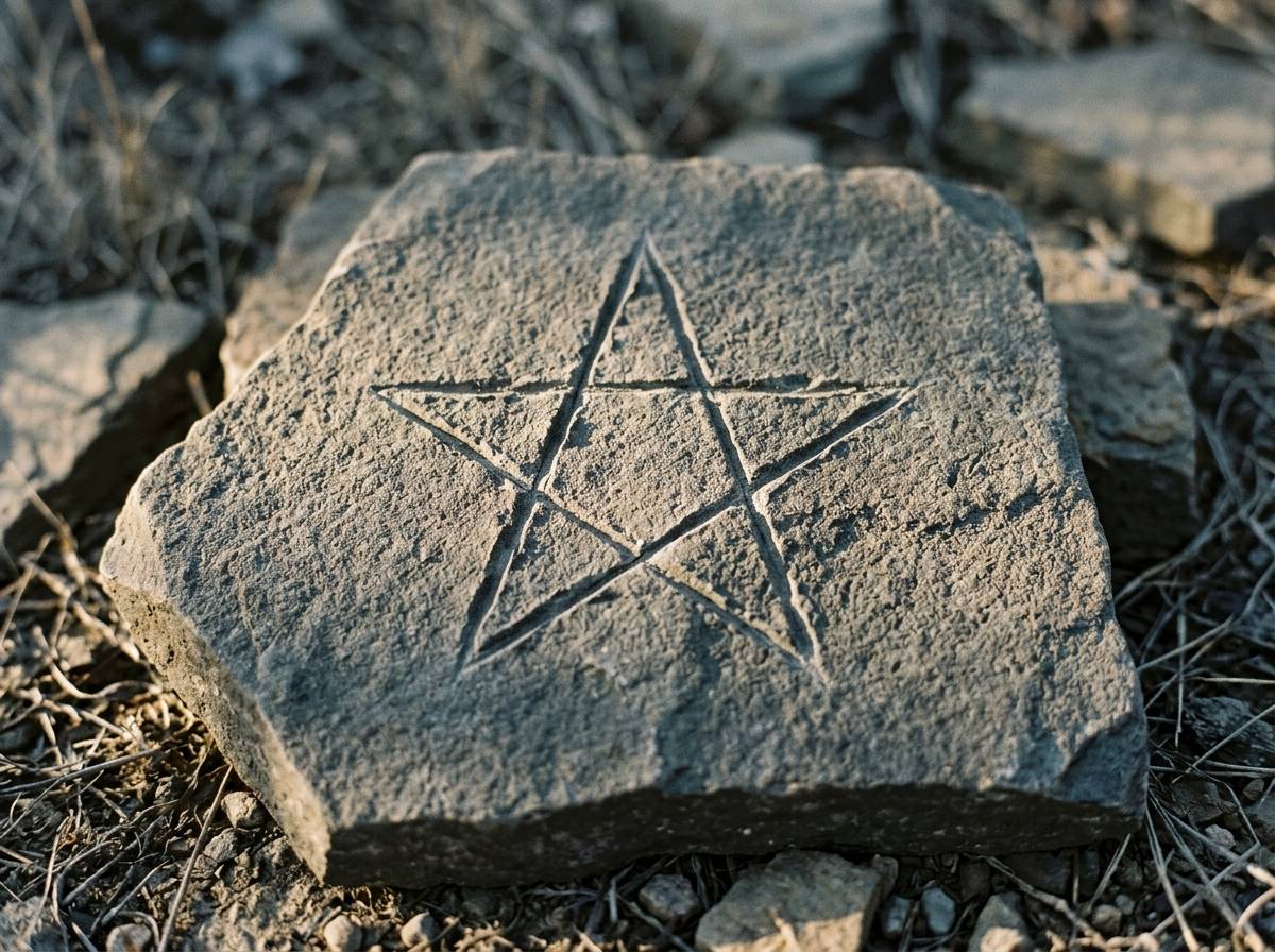 Pięcioramienny pentagram wyryty w kamiennej płycie, jedno ramię skierowane ku górze