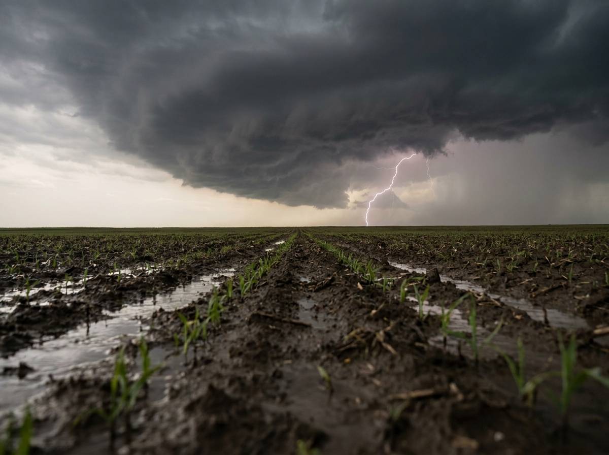 Błyskawica nad wiosennym polem, symboliczny pierwszy grzmot zwiastujący koniec zimy.