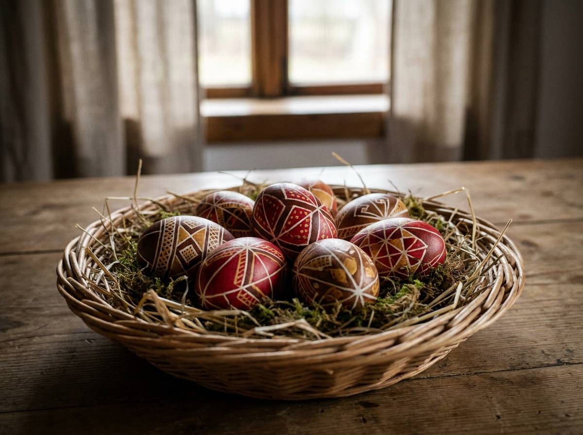 Ręcznie zdobione pisanki w wiklinowym koszyku wypełnionym słomą.