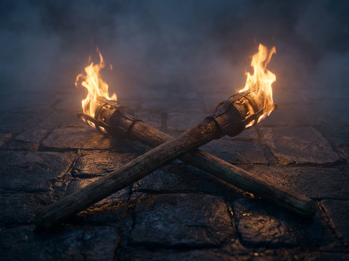 Dwie płonące pochodnie skrzyżowane na kamiennym podłożu we mgle, atrybut Hekate