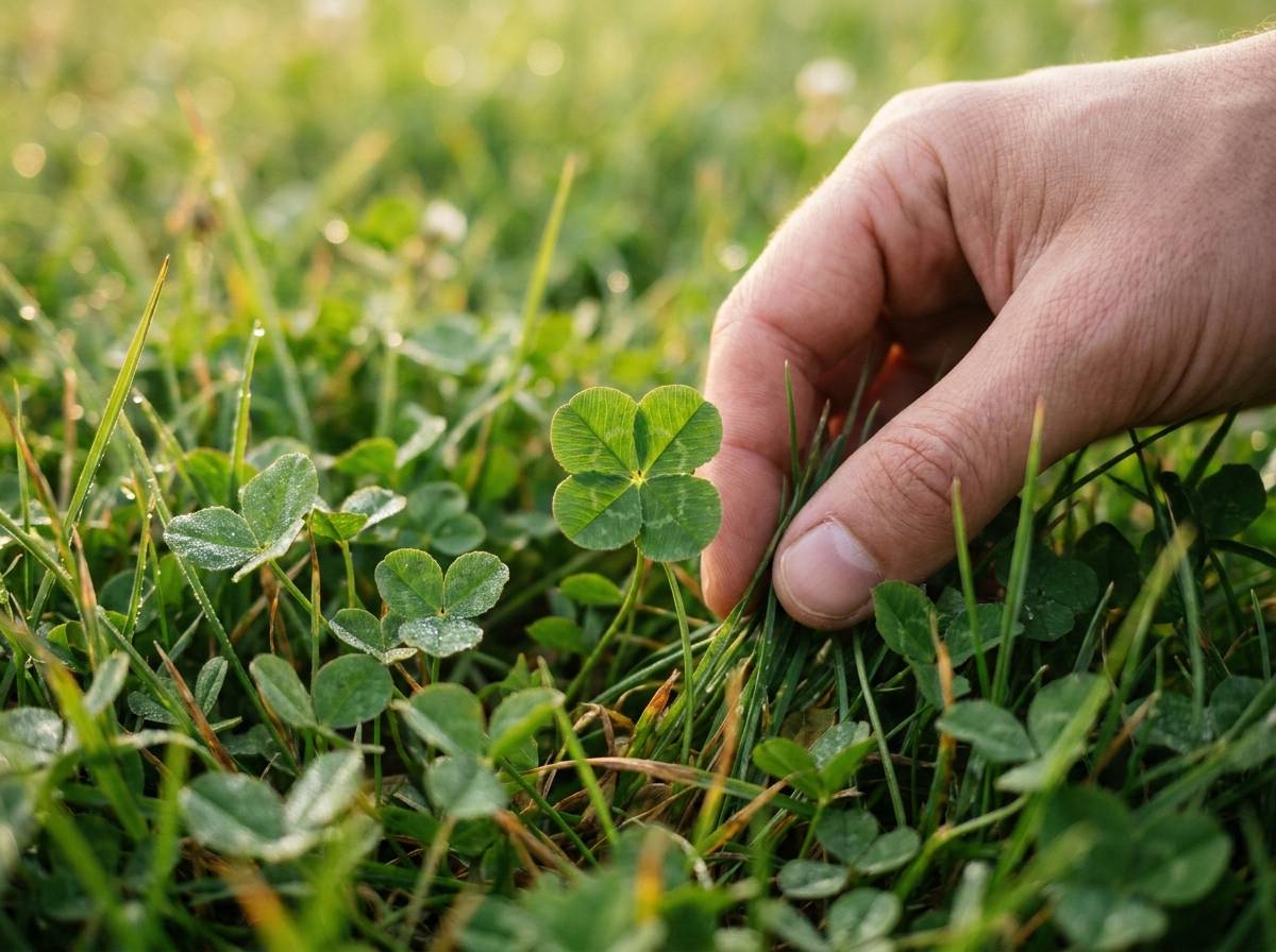 Dłoń rozgarniająca trawę w poszukiwaniu rzadkiej czterolistnej koniczyny na łące