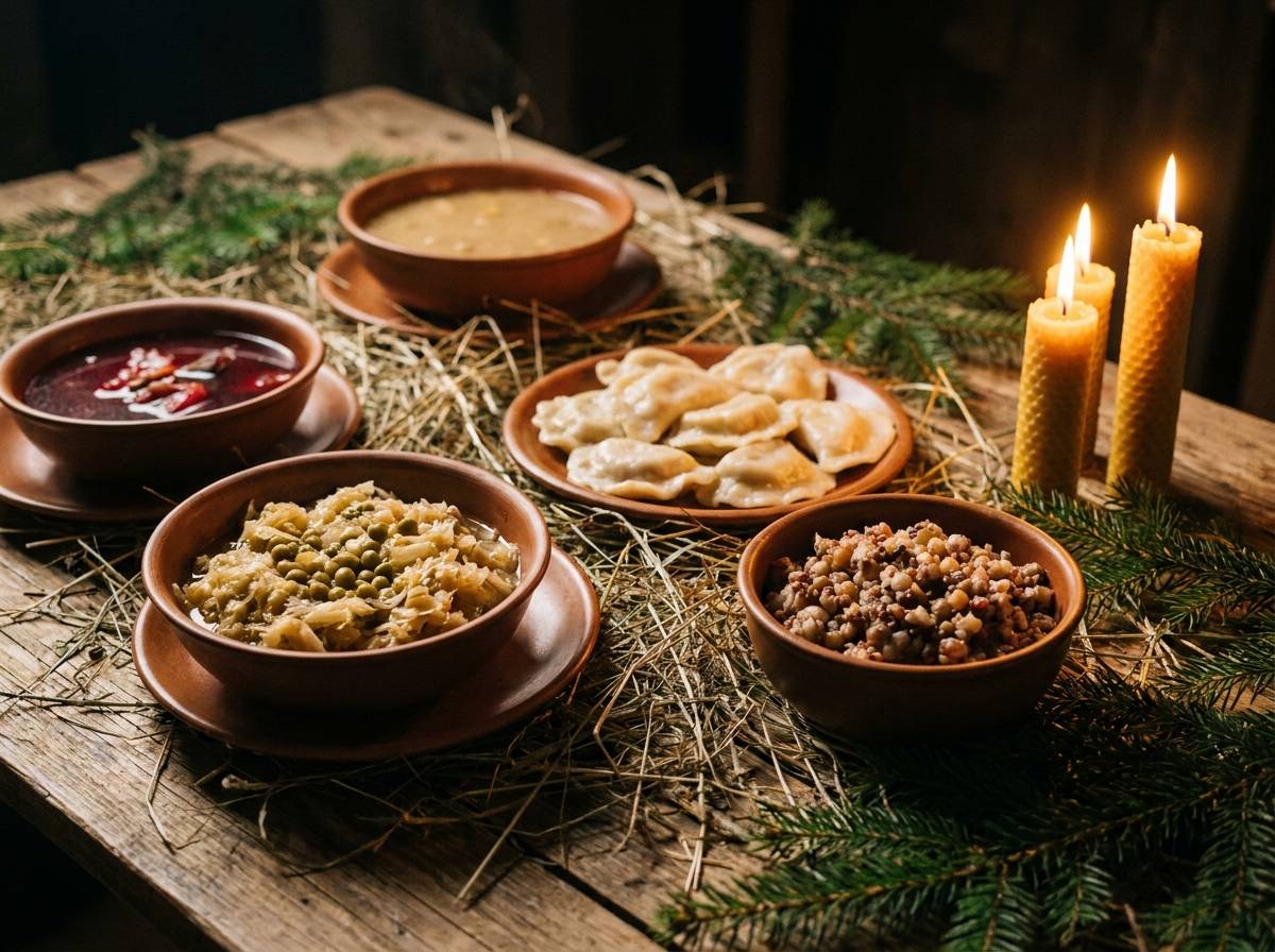 Tradycyjne, postne potrawy wigilijne na drewnianym stole otoczonym sianem