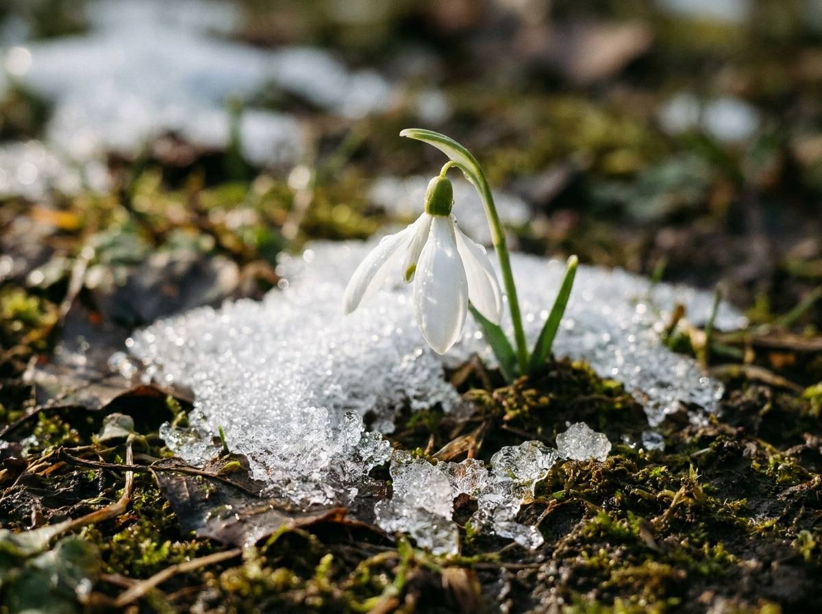 Biały przebiśnieg przebijający się przez resztki śniegu na wiosennej ziemi.