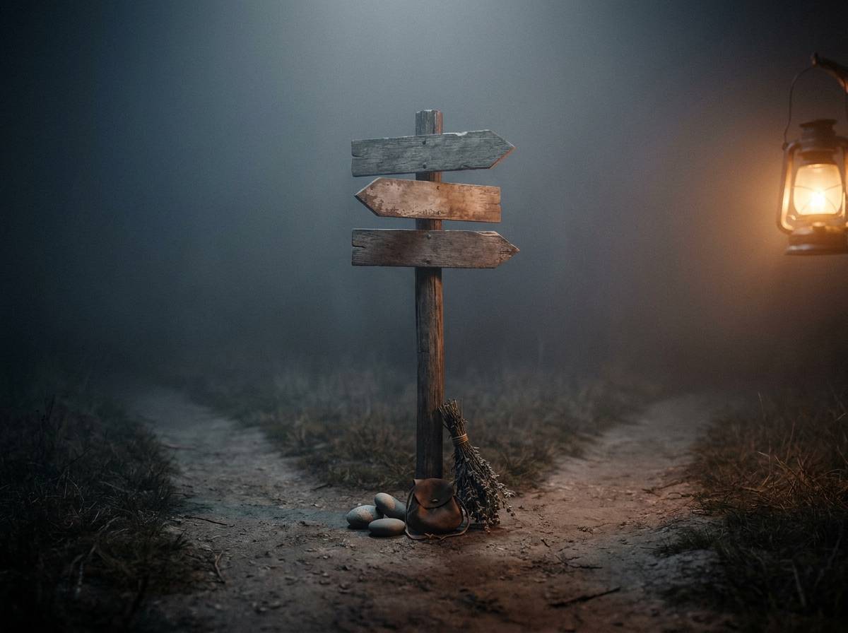 Trzy gruntowe drogi schodzące się na skrzyżowaniu we mgle nocą, miejsce kultu Hekate