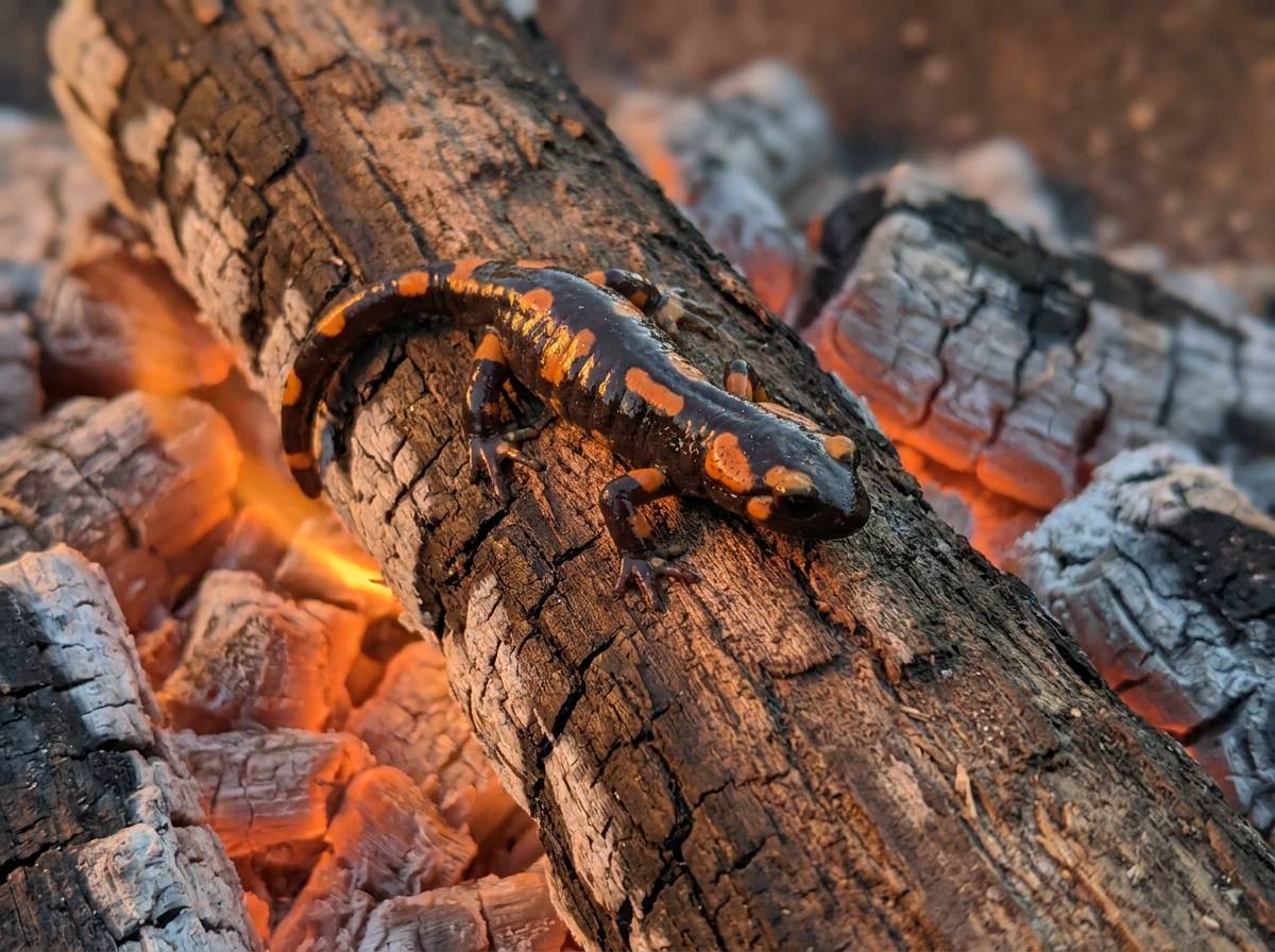 Mała salamandra na zwęglonym drewnie wśród tlących się węgli, zwierzęcy symbol ognia w tradycji europejskiej.