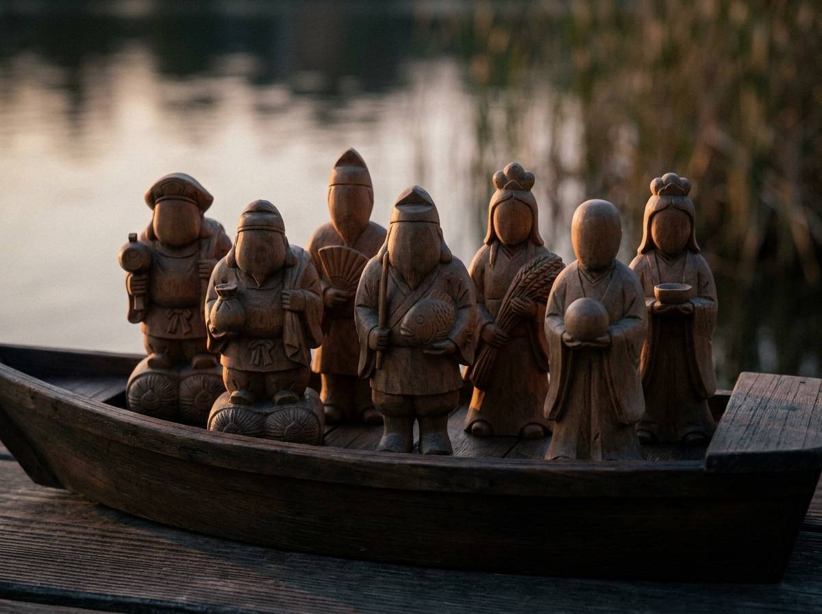 Siedem drewnianych figurek bóstw shichifukujin płynących razem na łódce