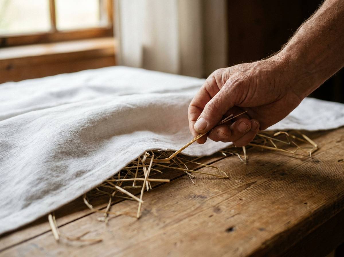 Źdźbła siana wystające spod białego obrusa na wigilijnym stole