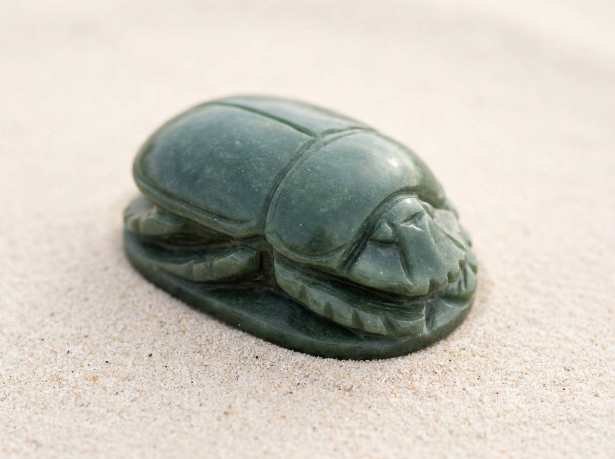 Kamienny amulet w kształcie żuka skarabeusza, egipski symbol ochrony i odrodzenia.