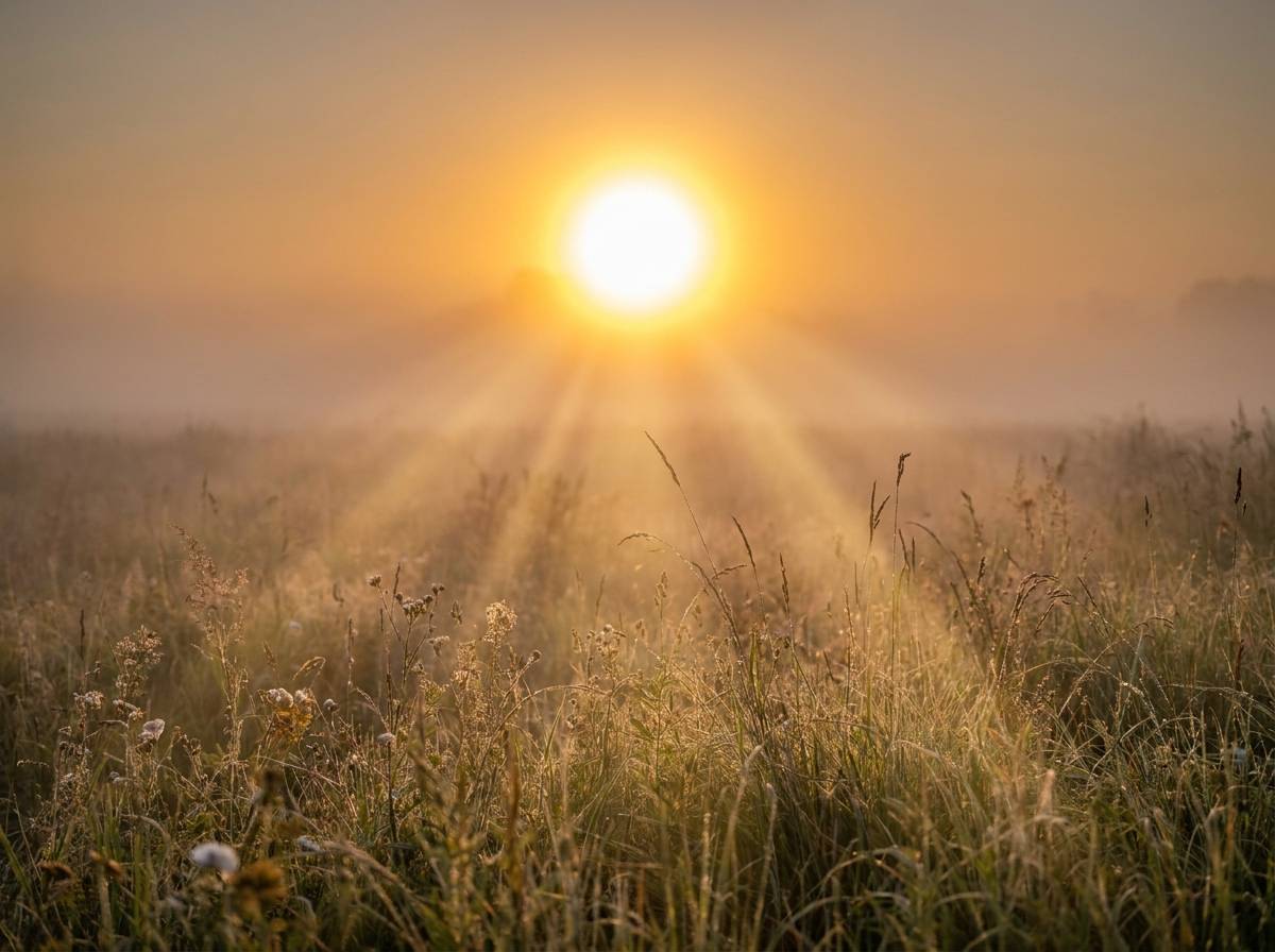 Wschodzące słońce nad wiosenną łąką, symbol rosnącej siły światła po zimie.