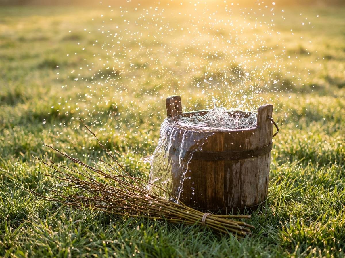 Wiadro wody i wierzbowe witki jako symbol śmigus-dyngus na wiosennej trawie