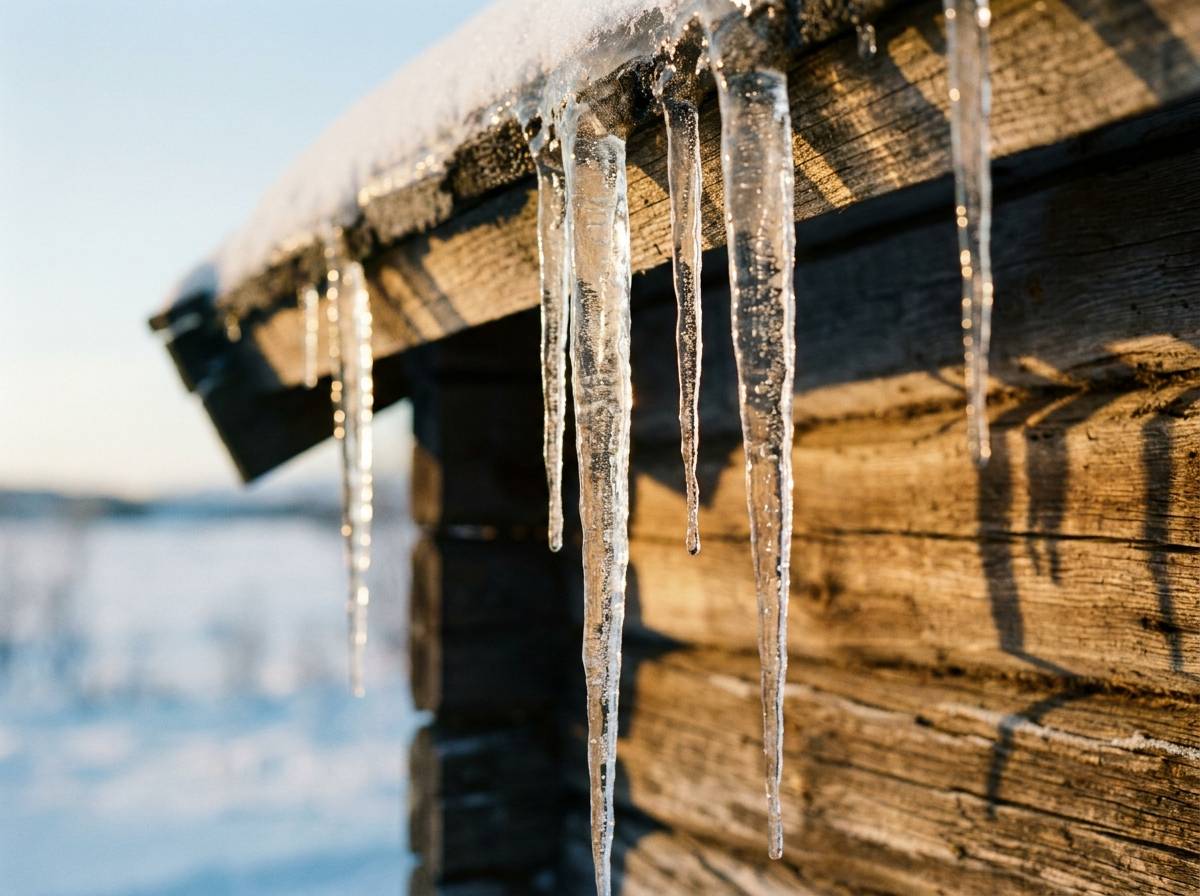 Sople lodowe zwisające z drewnianego okapu, dawniej odczytywane jako ostrzeżenie przed srogą zimą