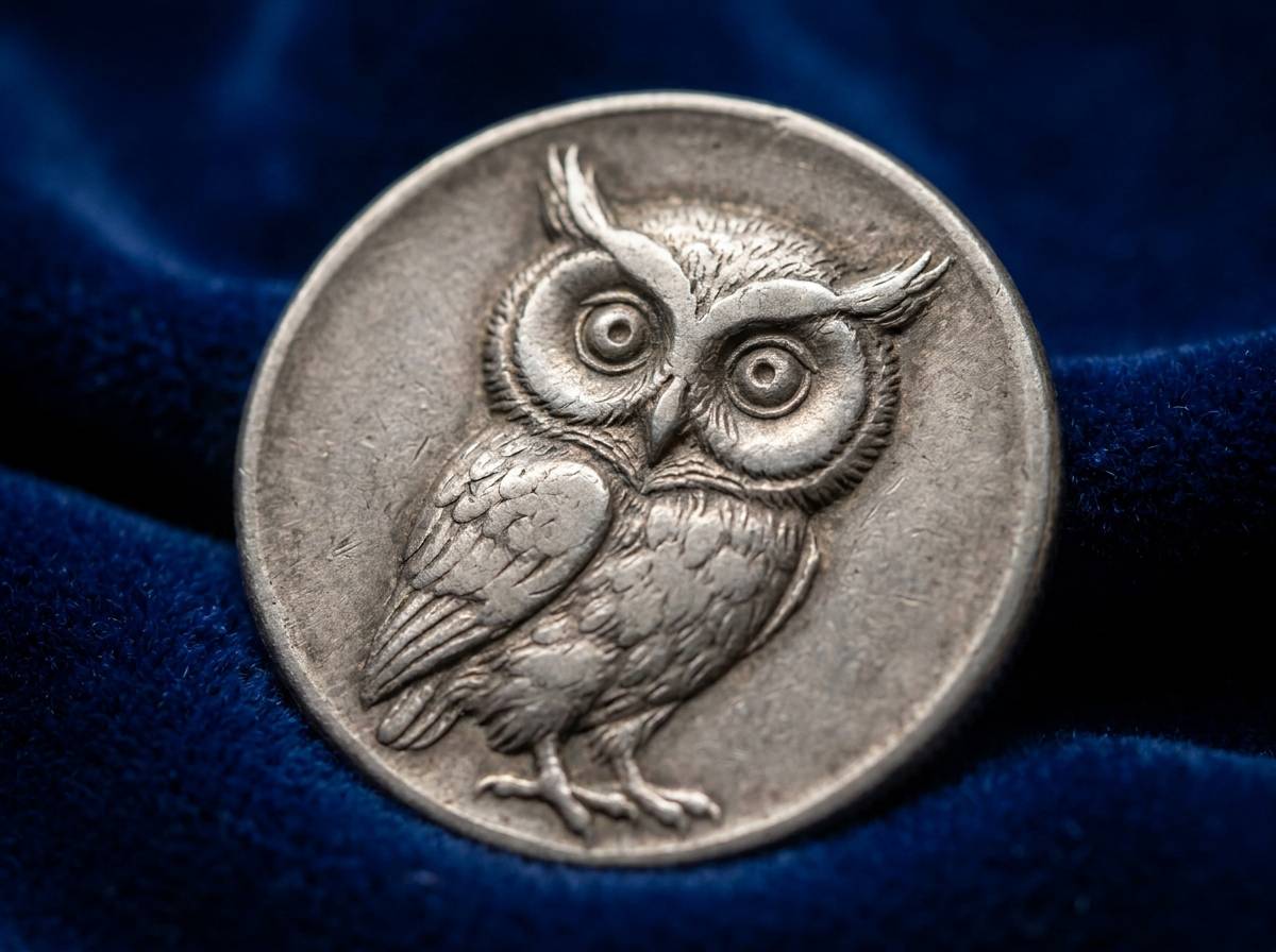 Sowa wygrawerowana na starej monecie, symbol mądrości w kulturze greckiej
