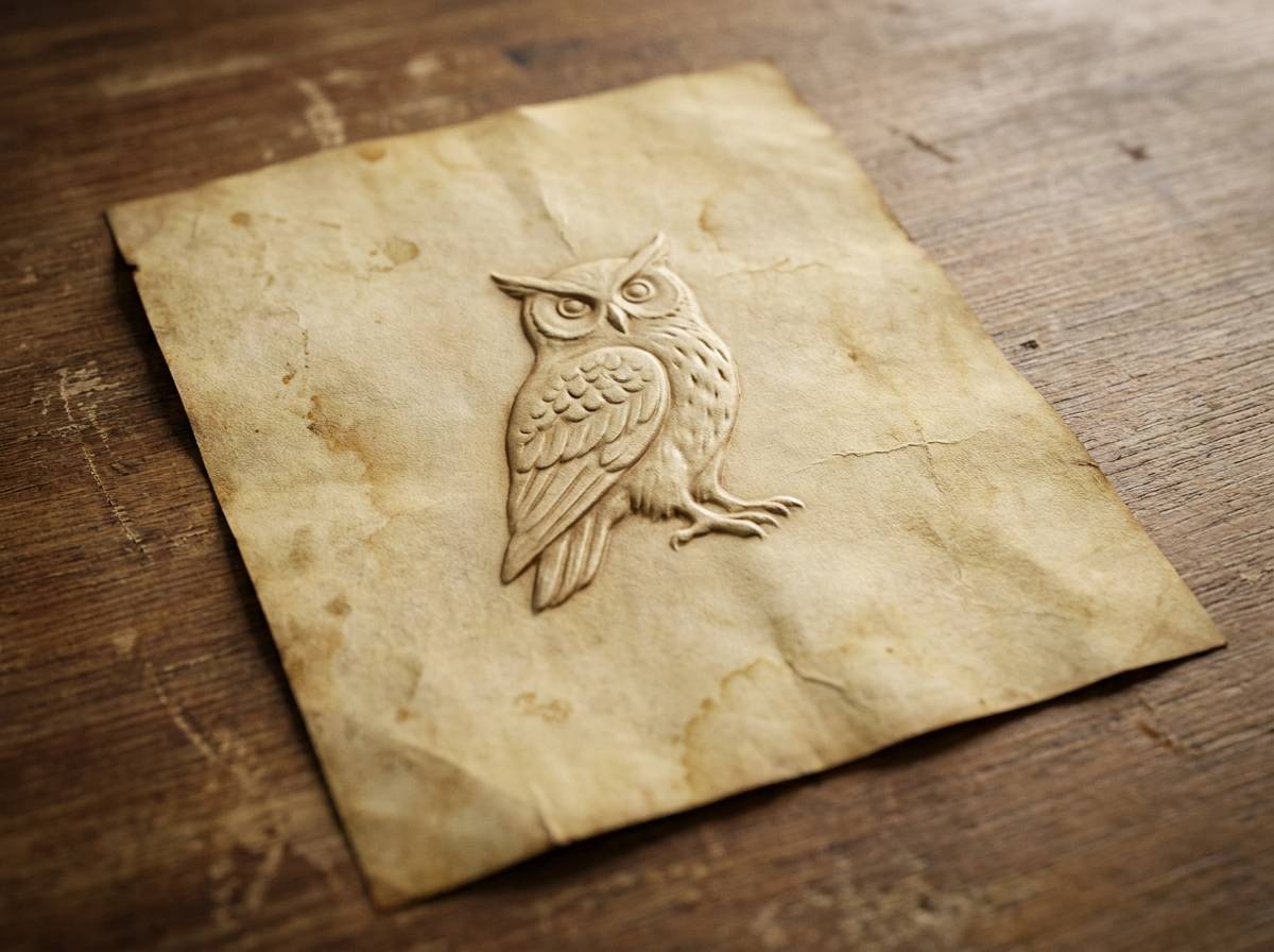 Sowa w heraldycznej pozie wytłoczona na starym pergaminie, dawny symbol zakonu iluminatów