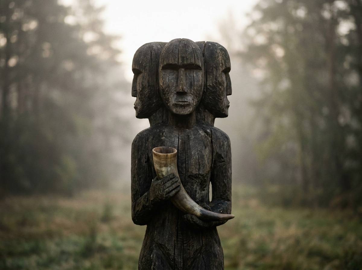 Drewniana wielogłowa figura z rogiem w dłoniach, wizerunek nawiązujący do Świętowita i jego funkcji wszechwidzącego.