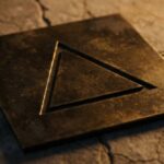 Trójkąt skierowany wierzchołkiem do góry wyryty w mosiężnej płycie, alchemiczny symbol ognia wśród czterech żywiołów.