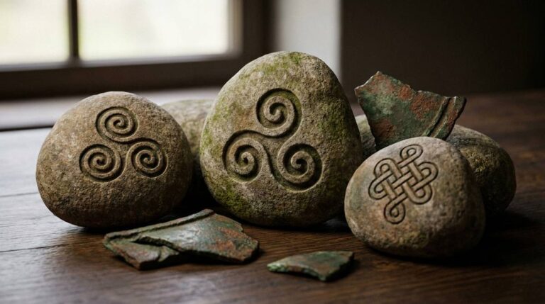 Kilka celtyckich symboli - spirala, triskelion i węzeł bez początku i końca - wyryte w kamieniu i metalu na drewnianym stole