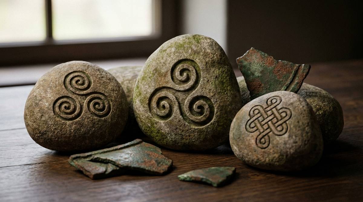 Kilka celtyckich symboli - spirala, triskelion i węzeł bez początku i końca - wyryte w kamieniu i metalu na drewnianym stole