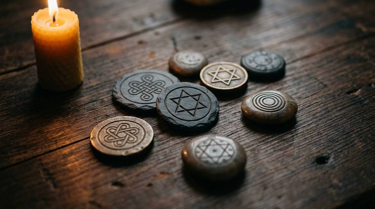 Zestaw kamiennych i metalowych krążków z wygrawerowanymi symbolami okultystycznymi na drewnianym blacie