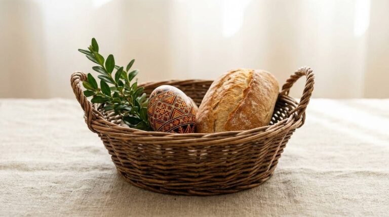 Koszyk wielkanocny z pisanką, bukszpanem i chlebem symbolizującymi święta