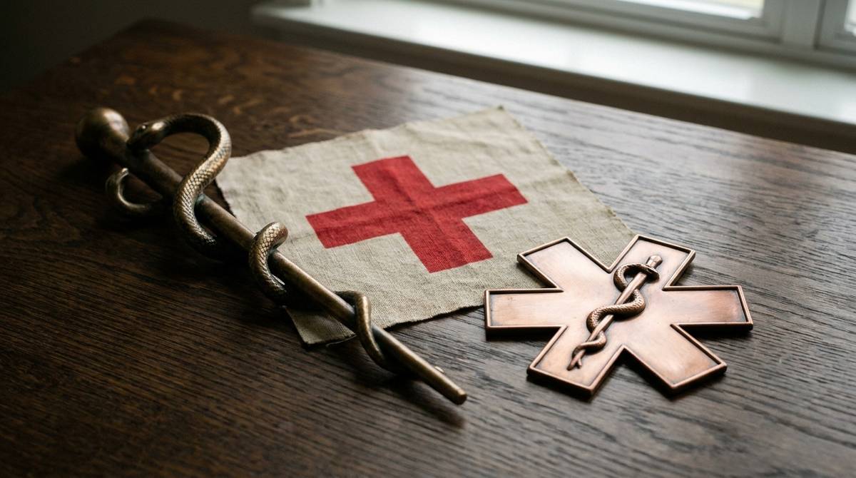Kilka symboli zdrowia razem — wąż na lasce, czerwony krzyż na płótnie i gwiazda życia, rozłożone na drewnianym stole.