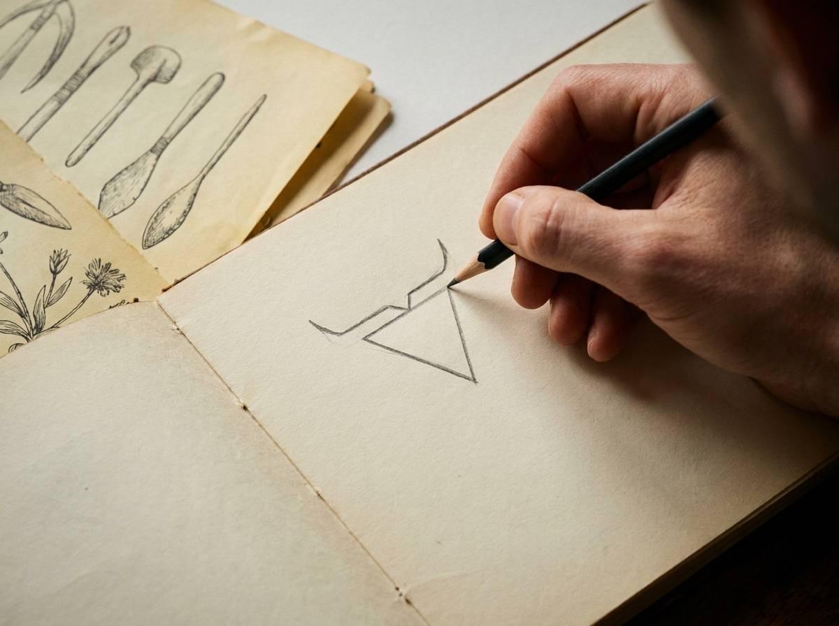 Dłoń szkicująca trójkątny znak Welesa na papierze obok materiałów etnograficznych dokumentujących rekonstrukcję symbolu