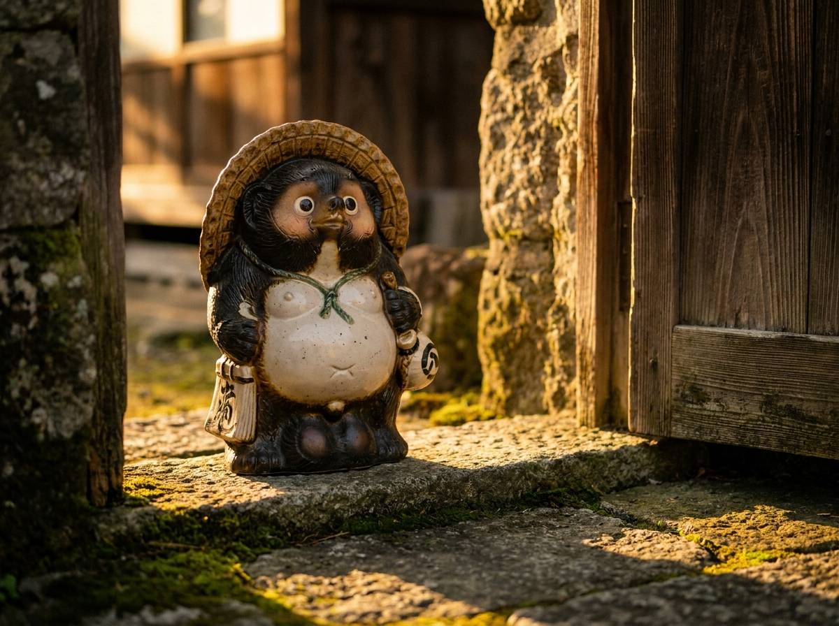Ceramiczna figurka jenota tanuki w słomianym kapeluszu przy kamiennym progu