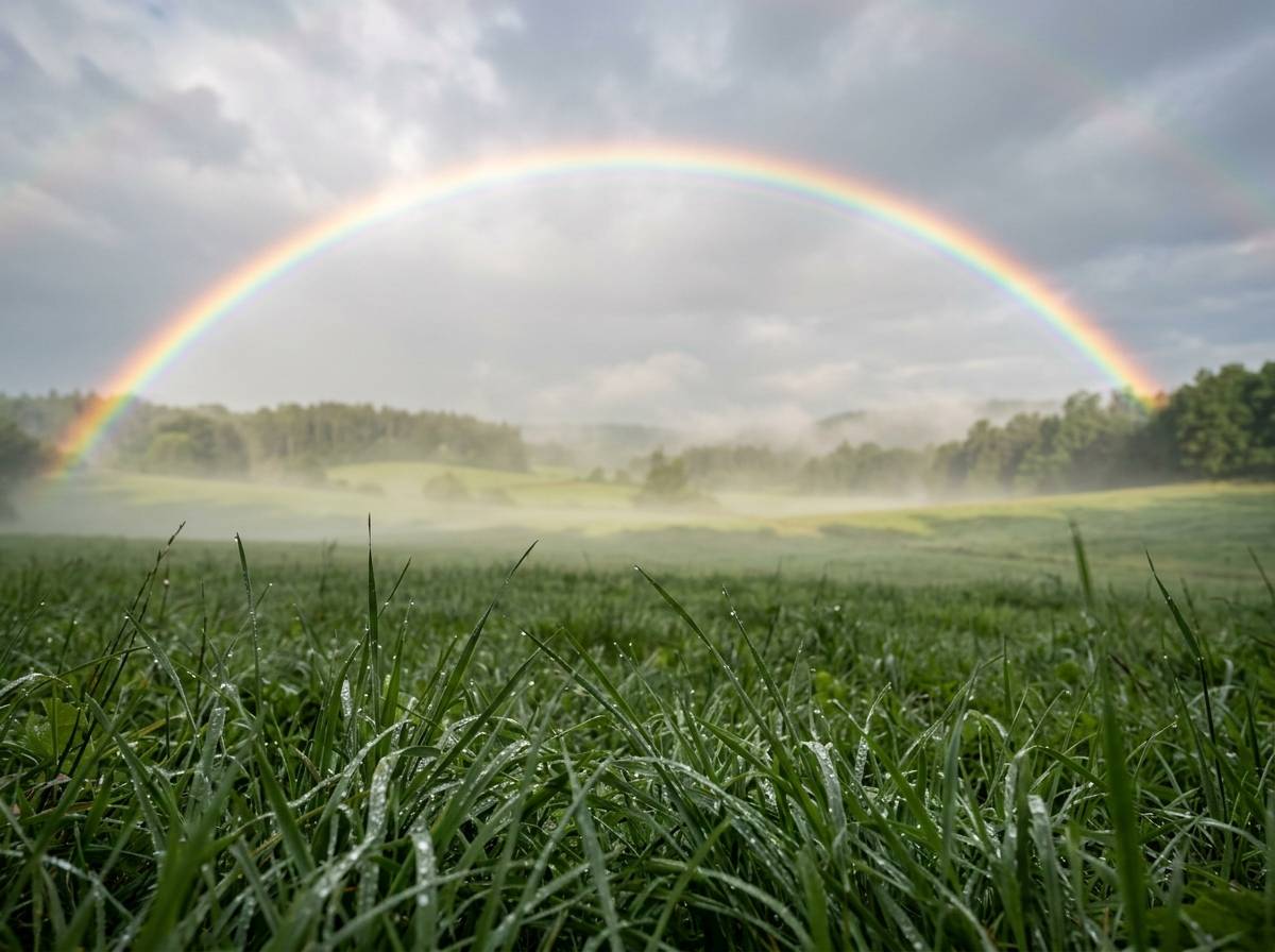Tęcza nad łąką po deszczu jako symbol nadziei i pomyślności