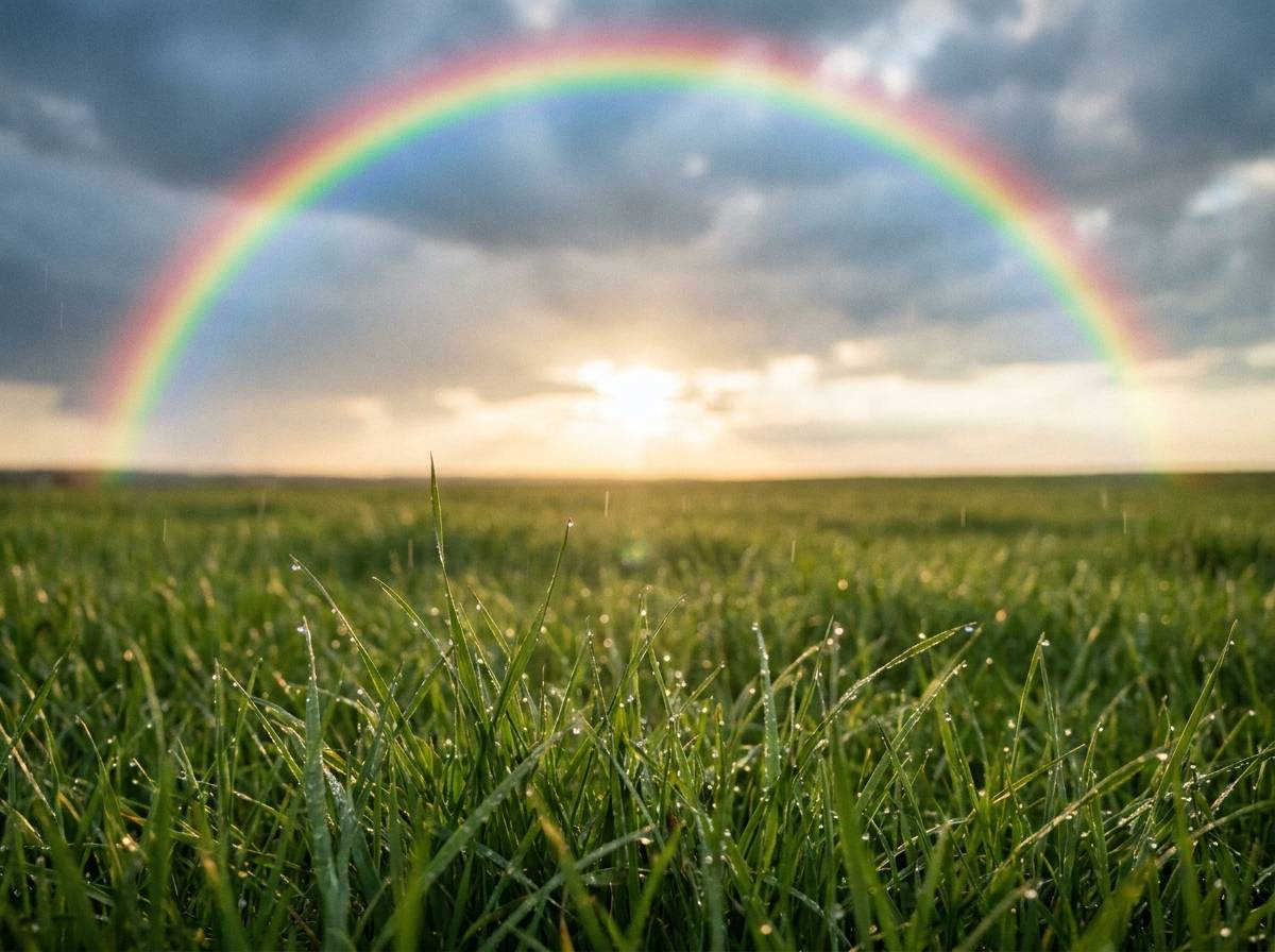 Tęcza rozpięta nad łąką po deszczu, symbol biblijnego przymierza