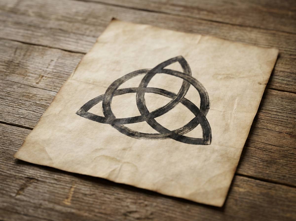 Triquetra narysowana tuszem na pergaminie - trzy splecione łuki tworzące migdałowate pola