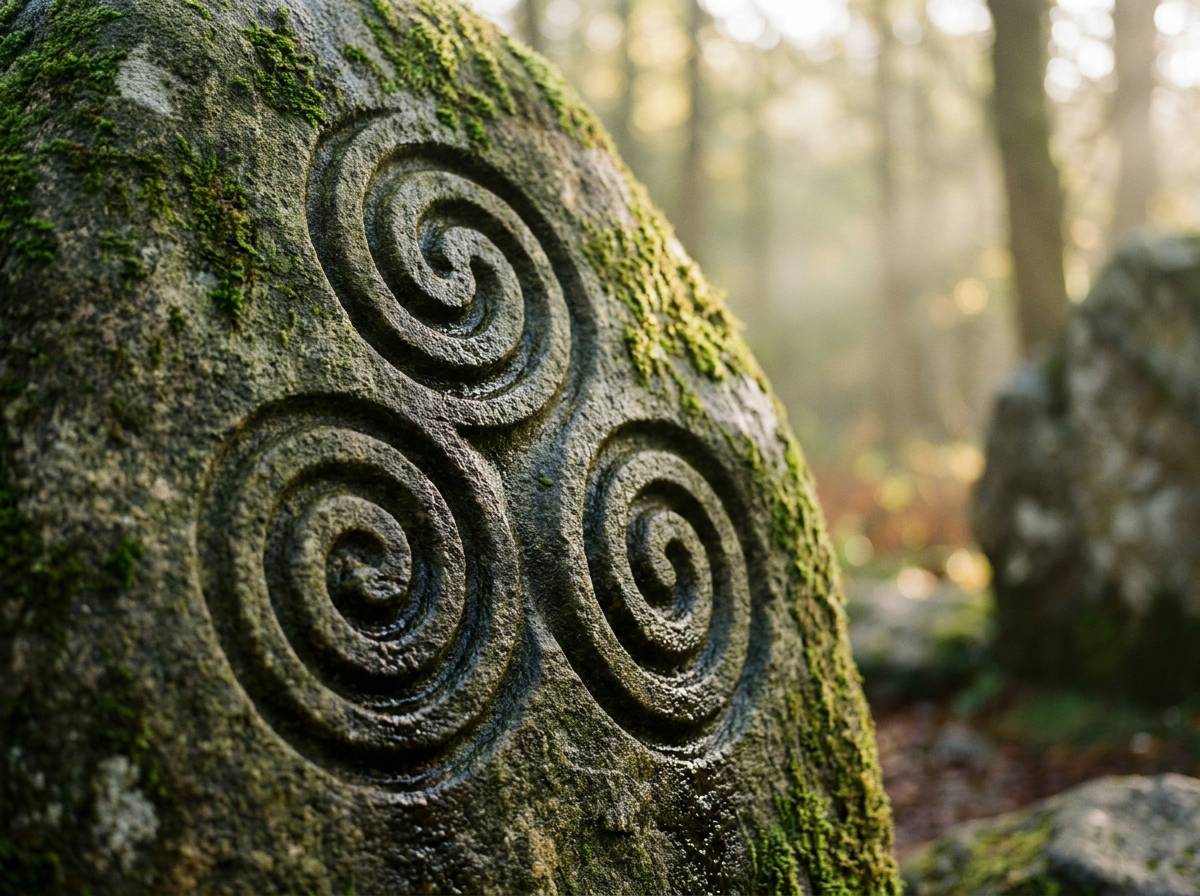 Triskelion wyryty głębokim rytem w powierzchni starego, porośniętego mchem głazu megalitycznego