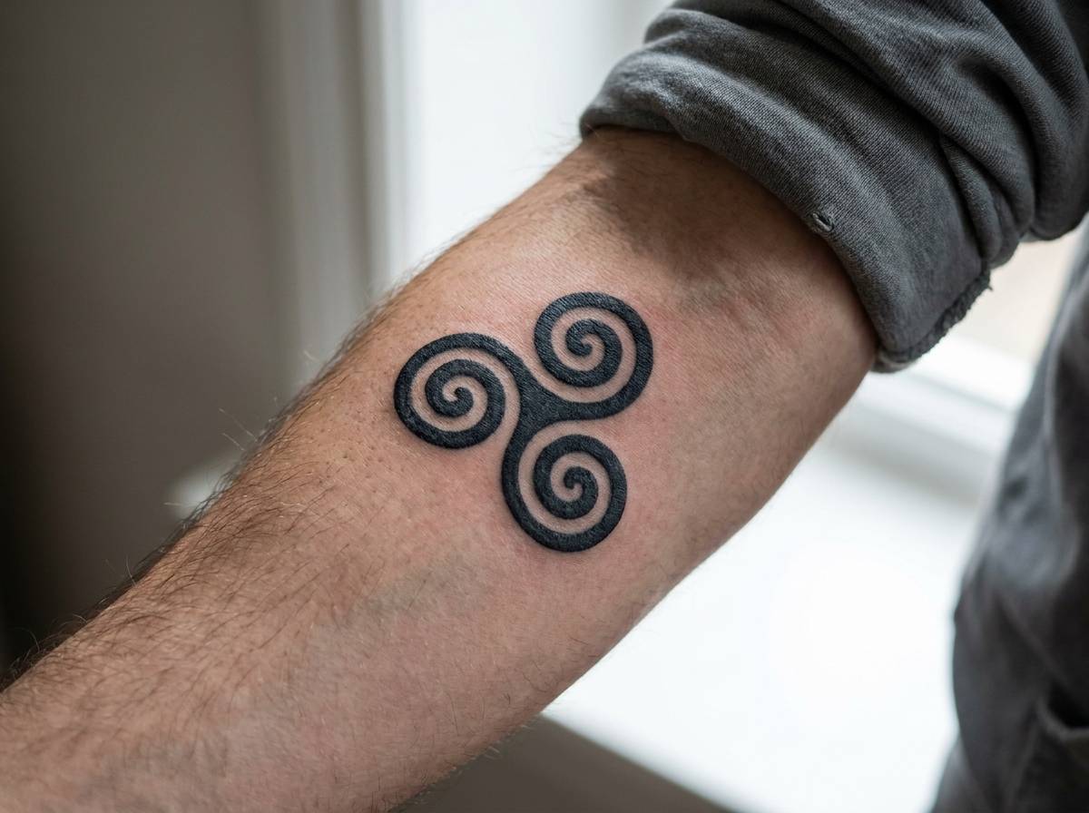 Triskelion w formie tatuażu z trzema spiralnymi ramionami na przedramieniu, bez widocznej twarzy