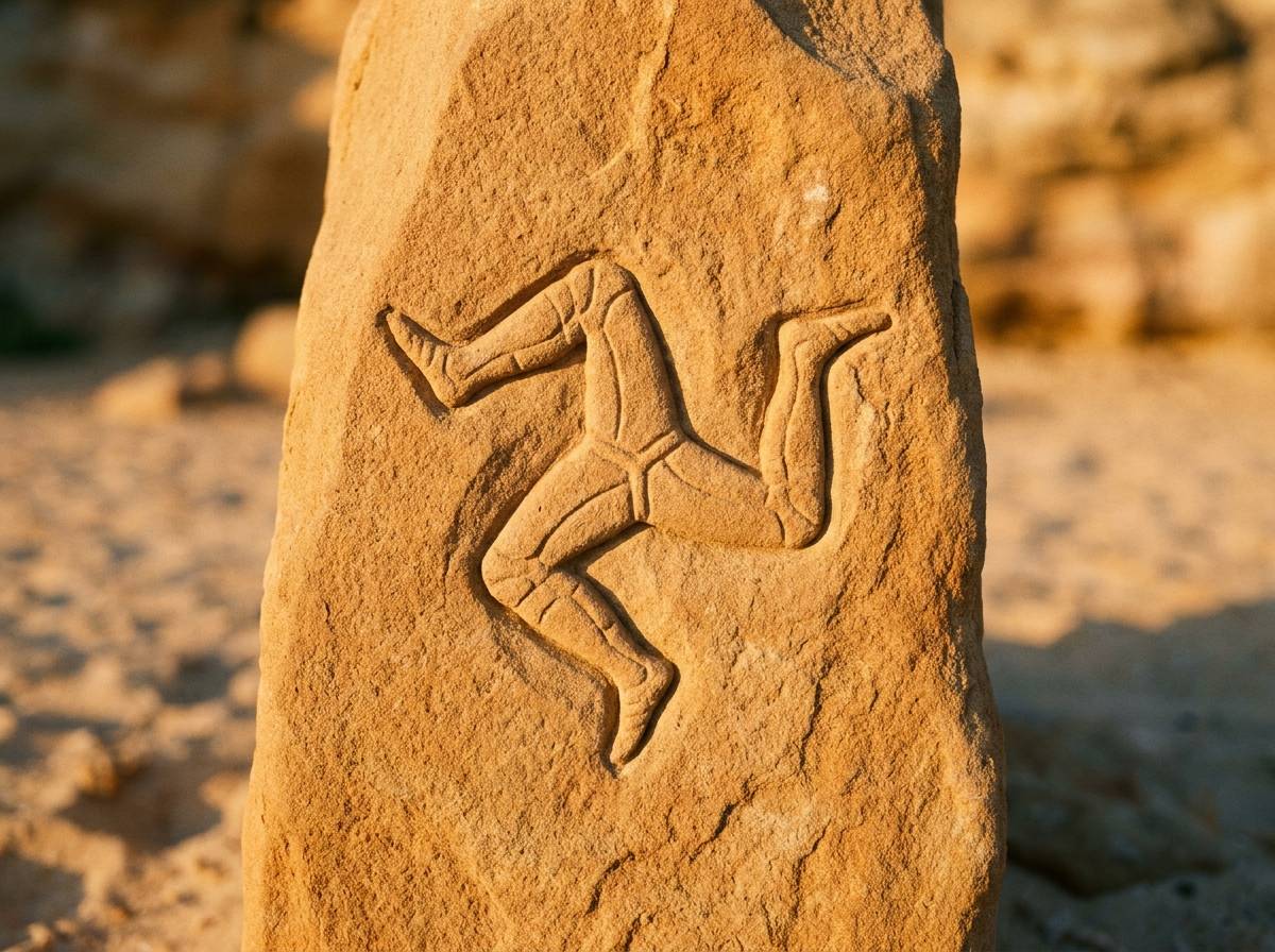 Triskelion w wariancie triskeles – trzy zgięte nogi złączone w centralnym punkcie, wykute w ciepłym piaskowcu