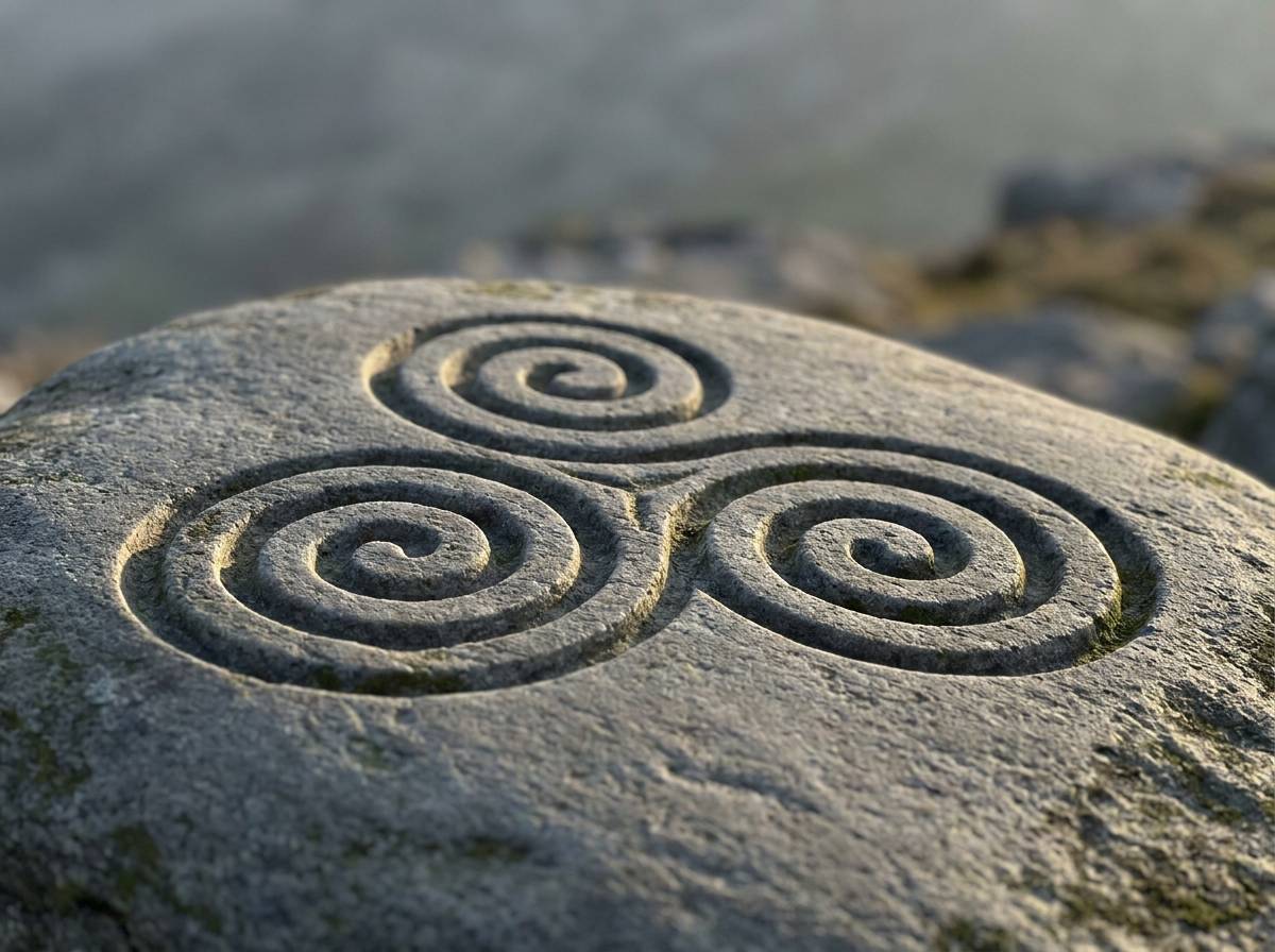 Triskelion w postaci trzech spiralnych ramion wyrytych w kamiennej powierzchni, symetrycznie rozmieszczonych wokół centralnego punktu