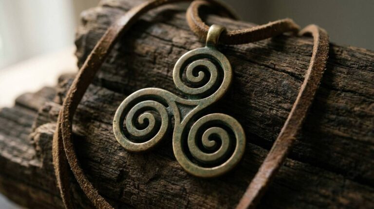 Triskelion jako mosiężna zawieszka z trzema spiralnymi ramionami na skórzanym rzemieniu, leżąca na ciemnym drewnie