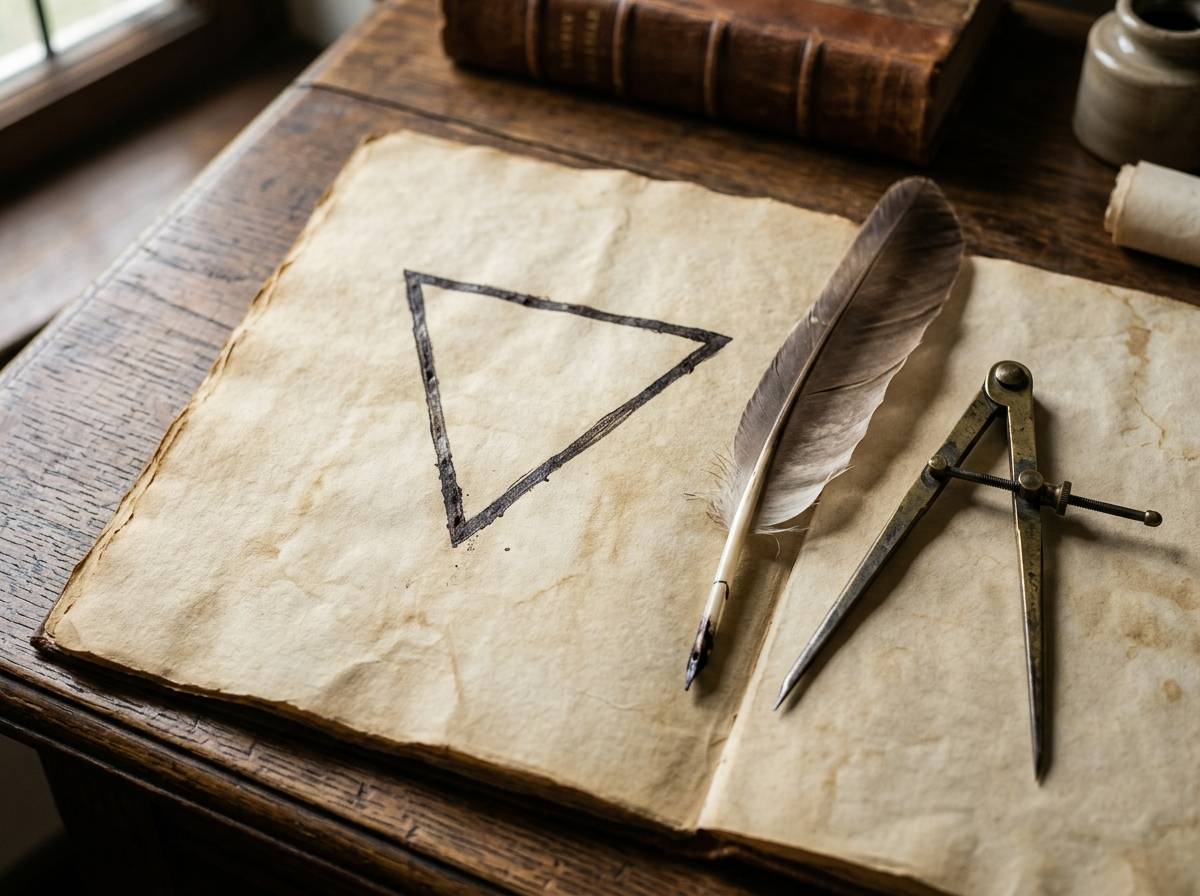 Odwrócony trójkąt, alchemiczny symbol wody, narysowany tuszem na starym pergaminie obok cyrkla