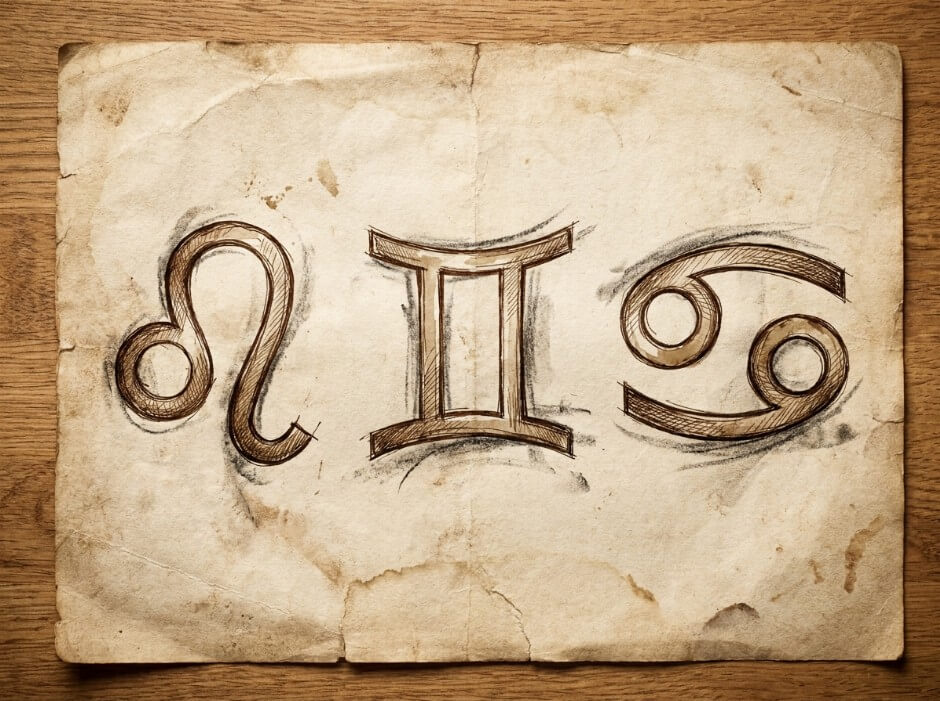 Trzy symbole zodiakalne odpowiadające letnim znakom narysowane na papierze