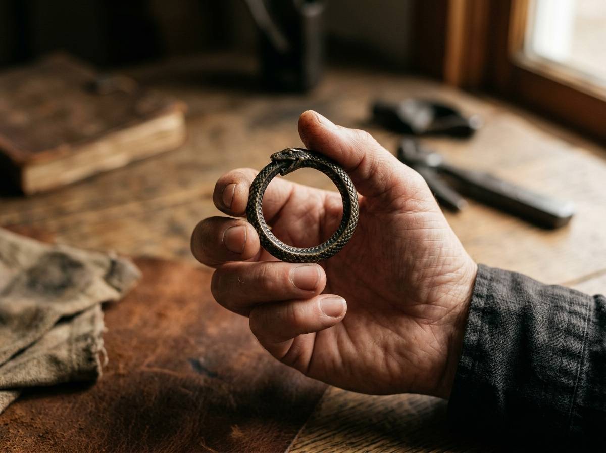 Metalowy pierścień z wygrawerowanym wężem zjadającym własny ogon, uroboros