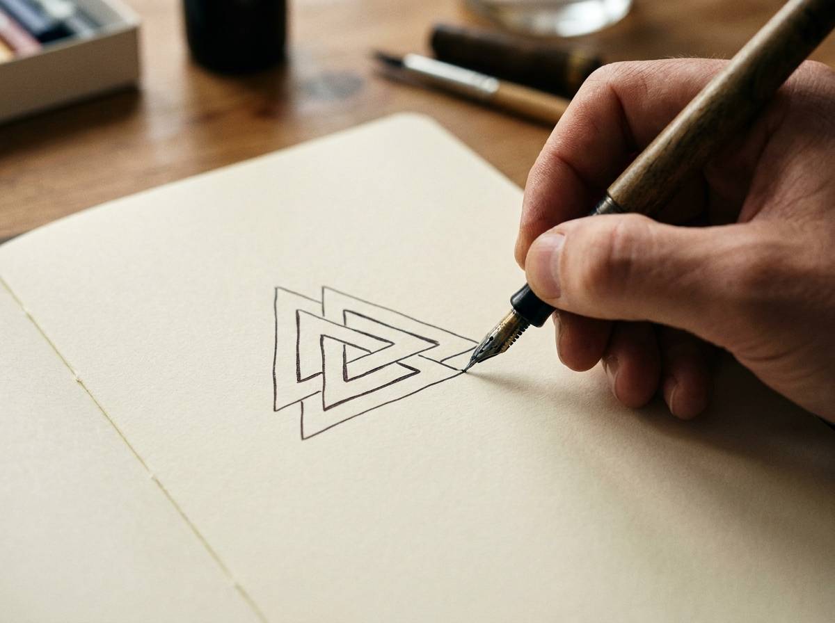 Dłoń kreśląca jedną nieprzerwaną linię tworzącą jednoliniową formę symbolu valknut na papierze